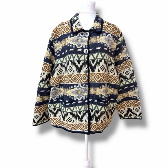 VTG 90s Jane Ashley Woman Tapestry Jacket 2X Blue Aztec Southwest Boho Boxy Coat - Picture 8 of 11